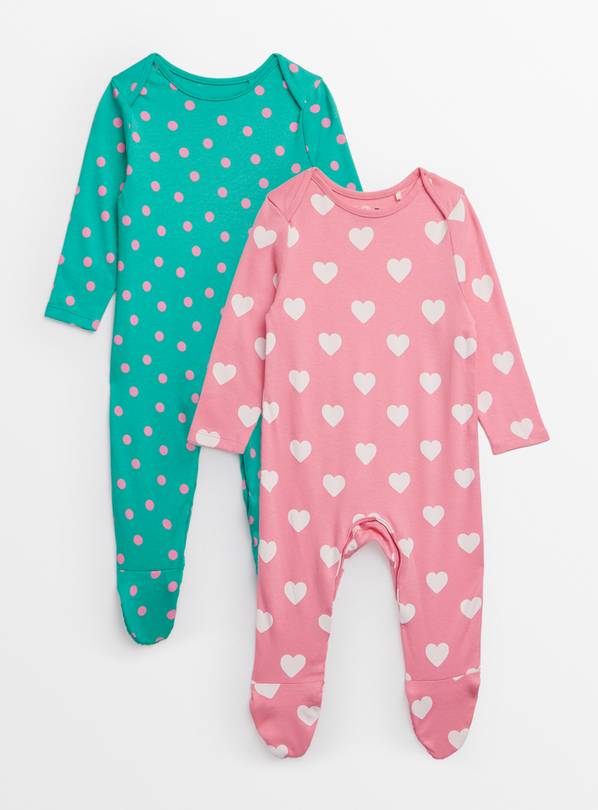 Pink Heart & Green Dot Print Sleepsuits 2 Pack Newborn